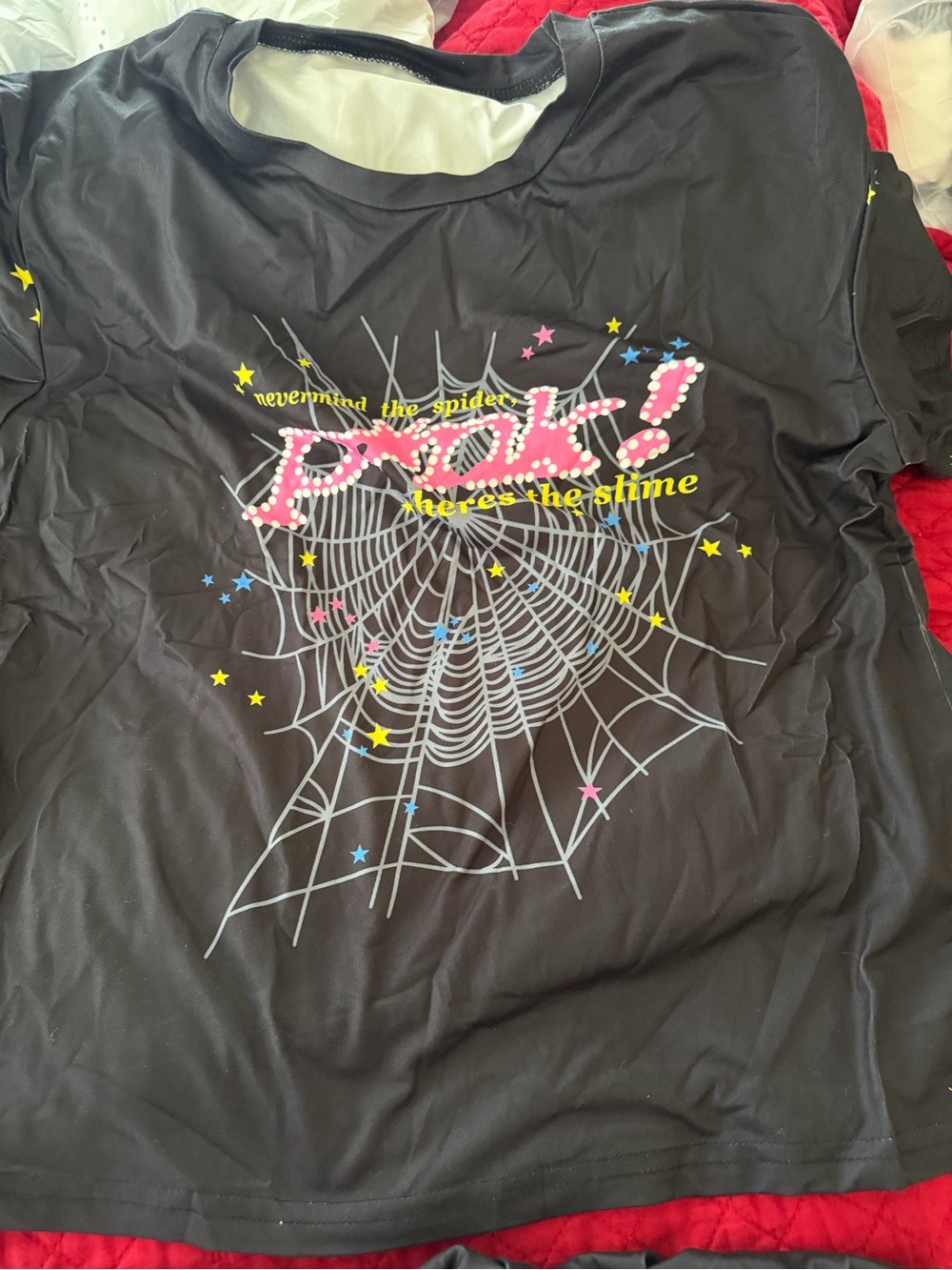 SHEIN Black Short Sleeve Tee with Pink, Yellow & Blue Graphic